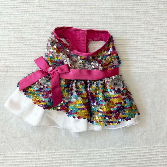 Build A Bear Sequin Dress Multicolor Sparkly Ruffle Pink Bow Dress - Picture 3 of 7